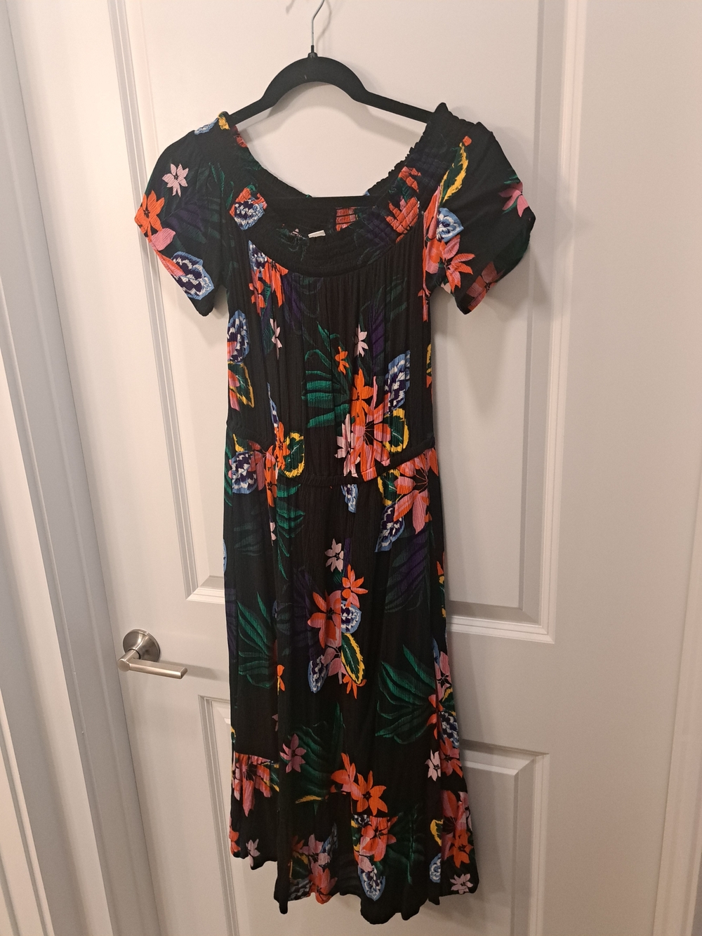 Old Navy Black Floral Off-Shoulder Midi Dress with Orange & Green Accents